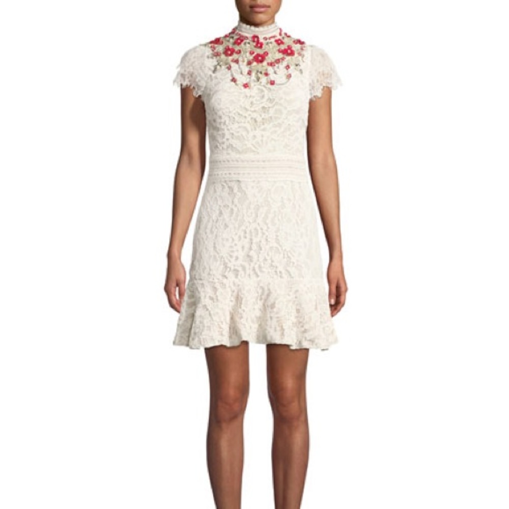 Alice + Olivia Myrtis Embellished Mock Neck Lace Dress